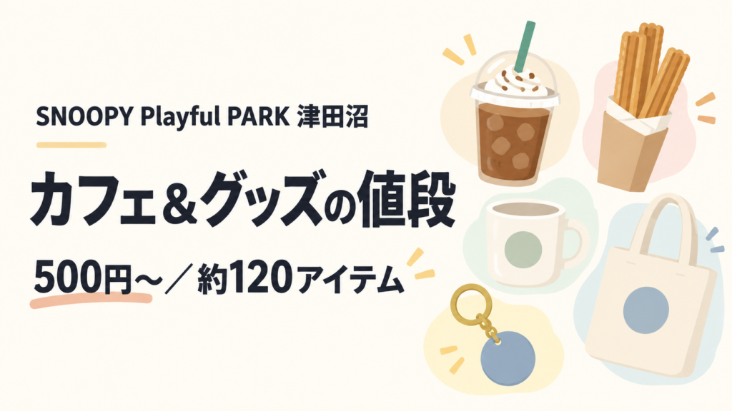 SNOOPY Playful PARK津田沼のカフェメニューとグッズの値段を示すアイキャッチ