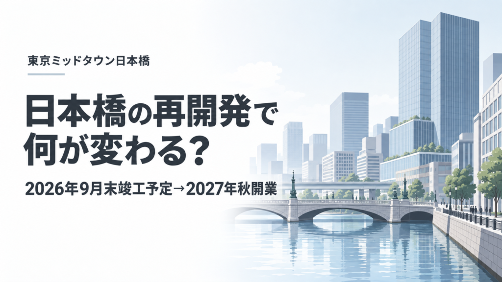 日本橋一丁目中地区の再開発と東京ミッドタウン日本橋の開業時期を示す図解