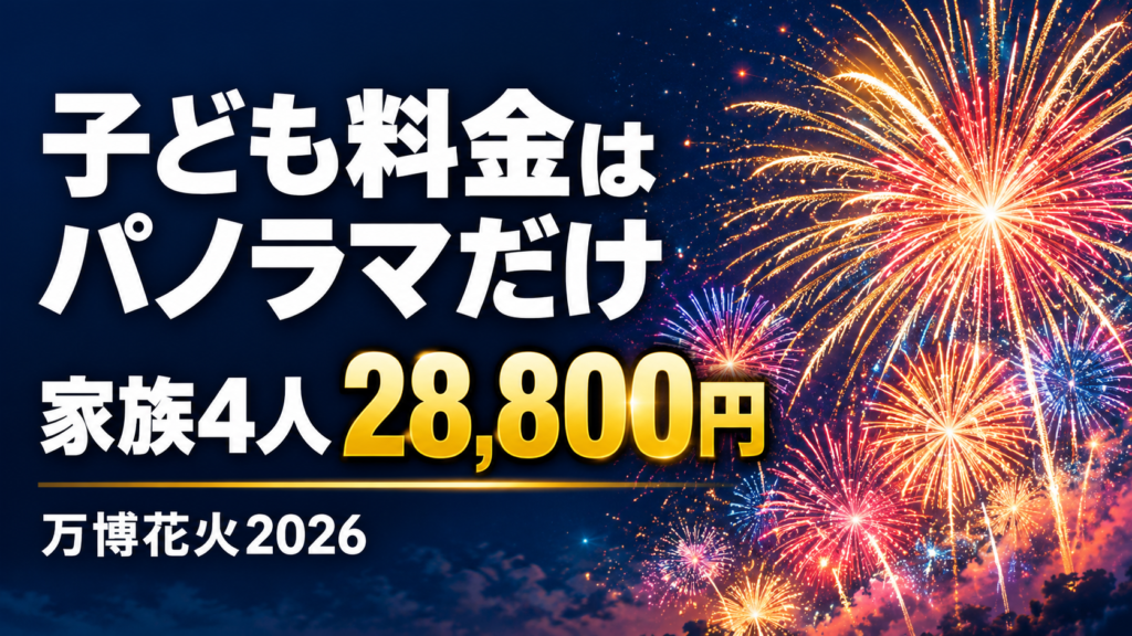 夜空に広がる抽象的な花火と、万博花火2026のパノラマ席の子ども料金・家族4人のチケット総額を示す文字を組み合わせたアイキャッチ