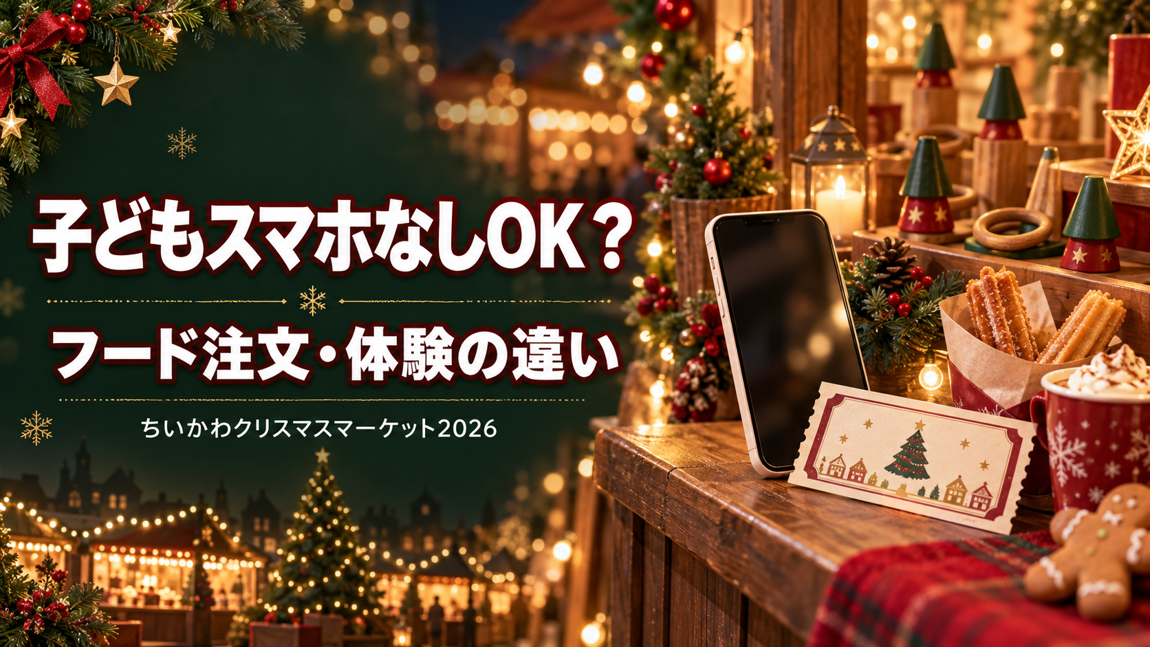 冬のマーケットをイメージした背景にスマートフォンとチケット、フード、ゲームのアイコンを配置し、子どものスマホなし利用条件を示した画像