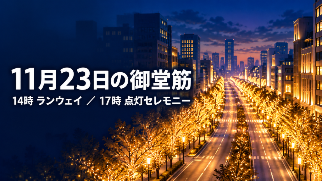 夜の街路を抽象的に描いた背景に、御堂筋ランウェイと点灯セレモニーの開始時刻を配置した案内イメージ