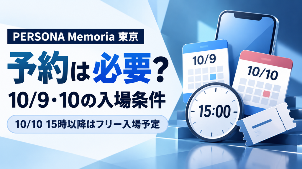 PERSONA Memoria東京会場の10月9・10日の予約条件と10日15時以降の入場方法を示すイメージ