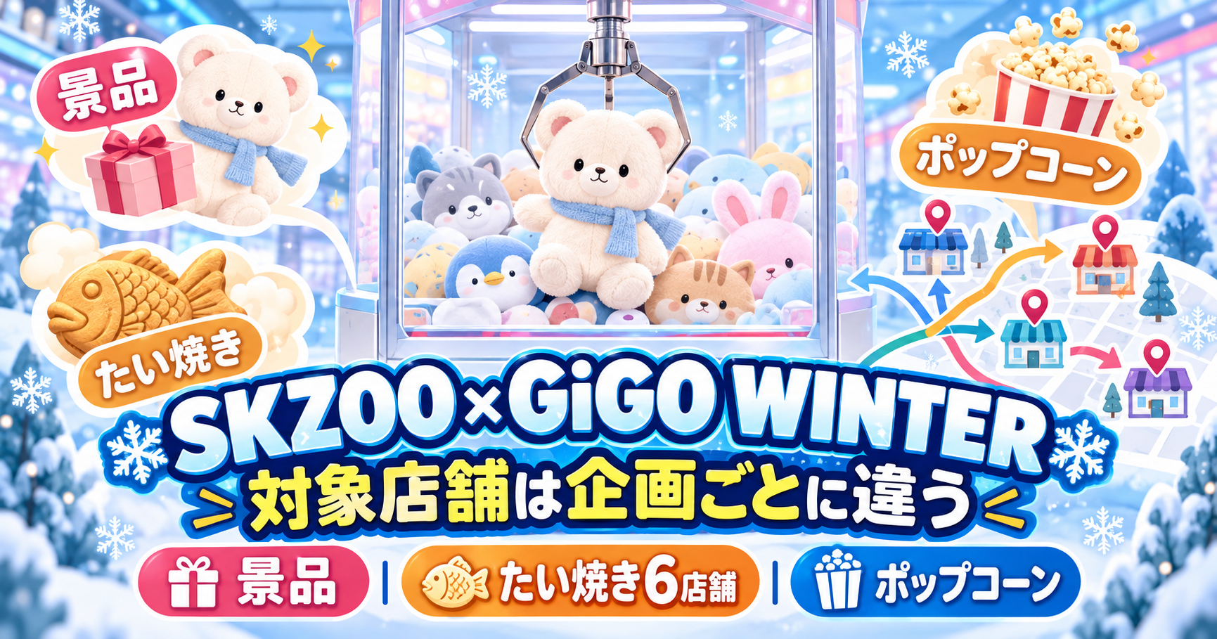 SKZOO×GiGO WINTERの対象店舗の違いを、景品・たい焼き・ポップコーン別に示すイメージ