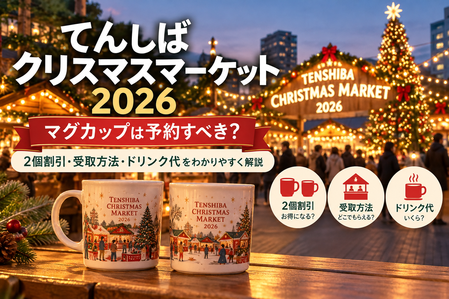てんしばクリスマスマーケット2026のマグカップ予約を案内するアイキャッチ画像。クリスマスマーケットのイメージ背景に、2個割引・受取方法・ドリンク代の3項目を表示