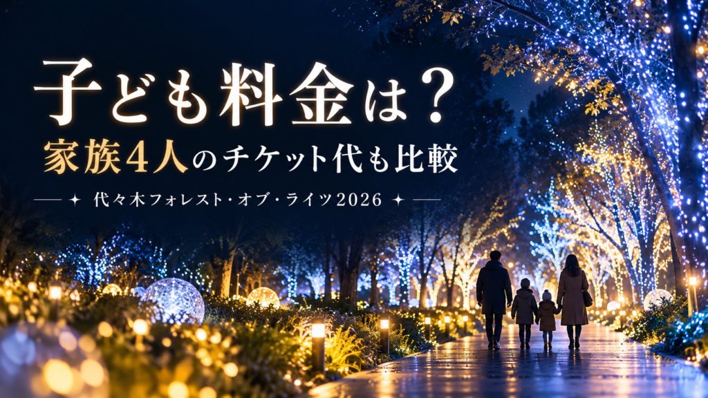 冬の夜の公園を歩く家族をイメージした代々木フォレスト・オブ・ライツ2026の料金案内